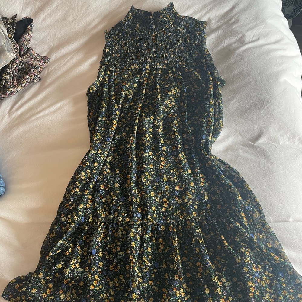 Smocked Neck Floral Mini Dress in Black with Yellow & Blue Flowers